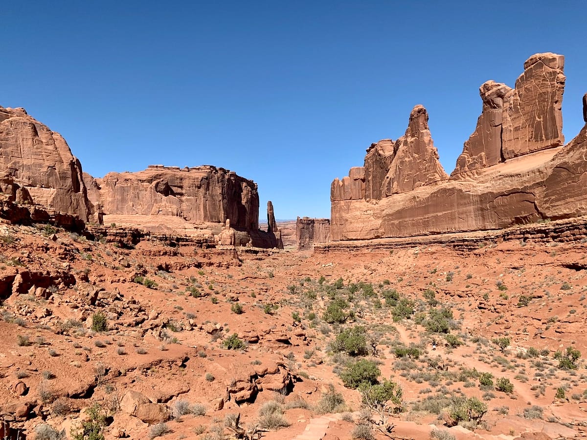 Park Avenue and the surrounding Courthouse Towers from the Viewpoint.  This is the first viewpoint in Arches National Park