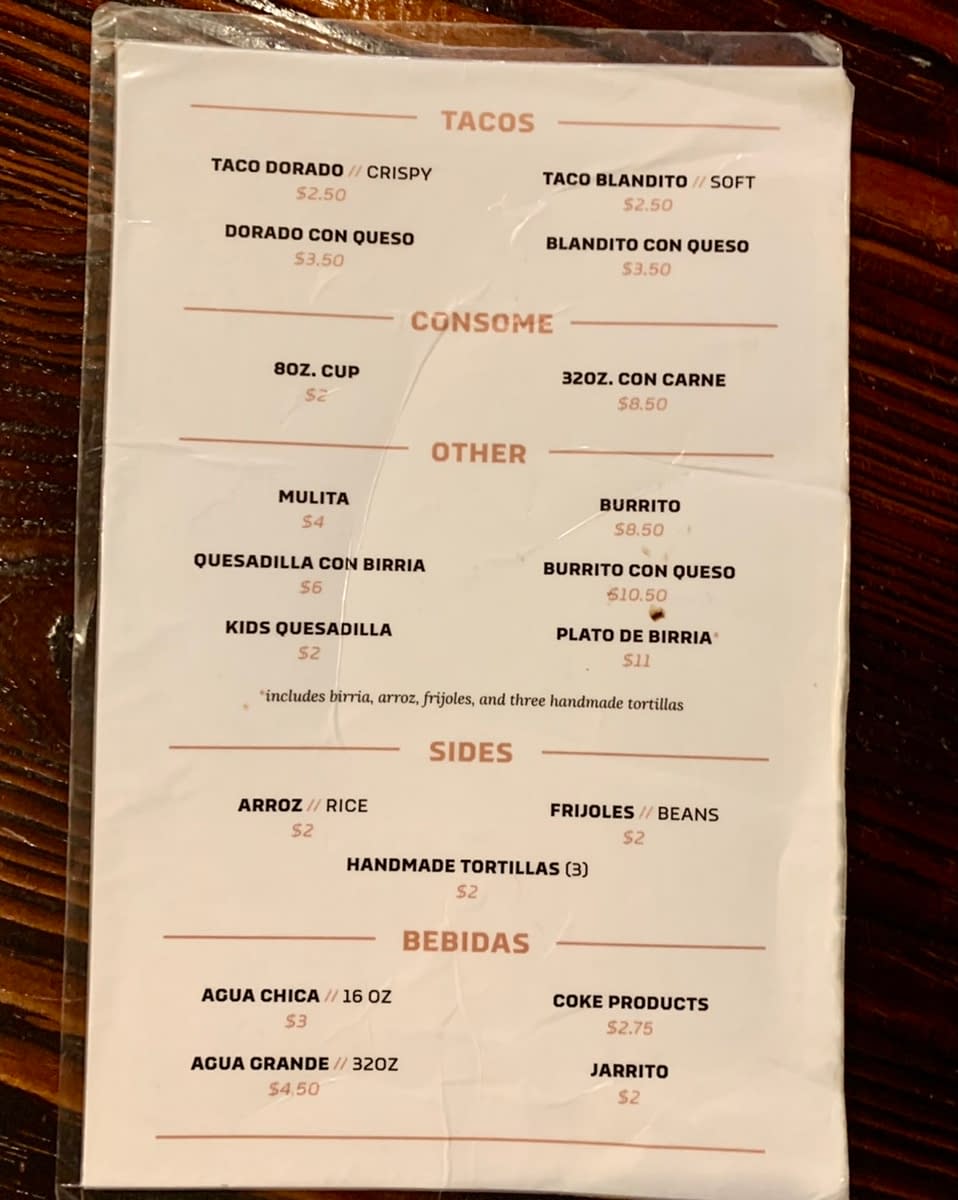 The menu at Los Tapatios in Salt Lake City
