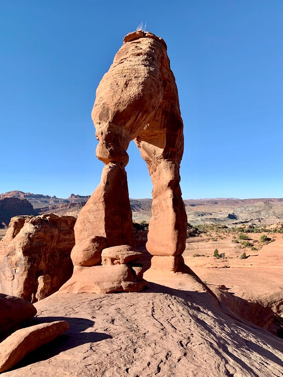 A side view of Delicate Arch in Utah's Arches National Park