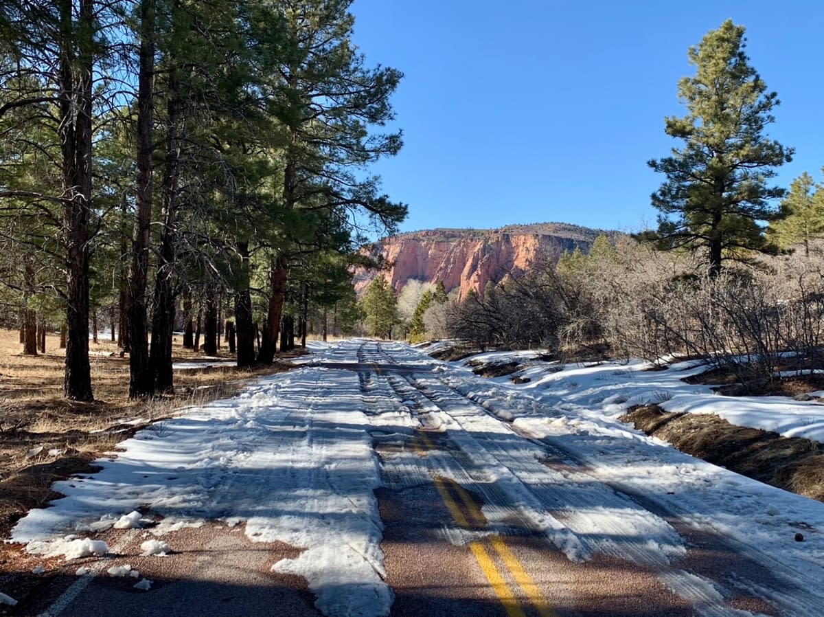 A snowy March road at 7000 feet in Zion's Kolob Terrace section