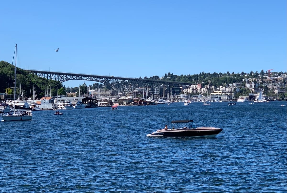 The northern part of Lake Union with Aurora Bridge in the distance while touring the waterway with Argosy Cruises