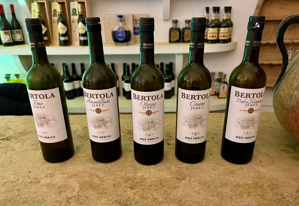 Bottles of Sherry lined up at Diez-Merito Bodega in Jerez Spain
