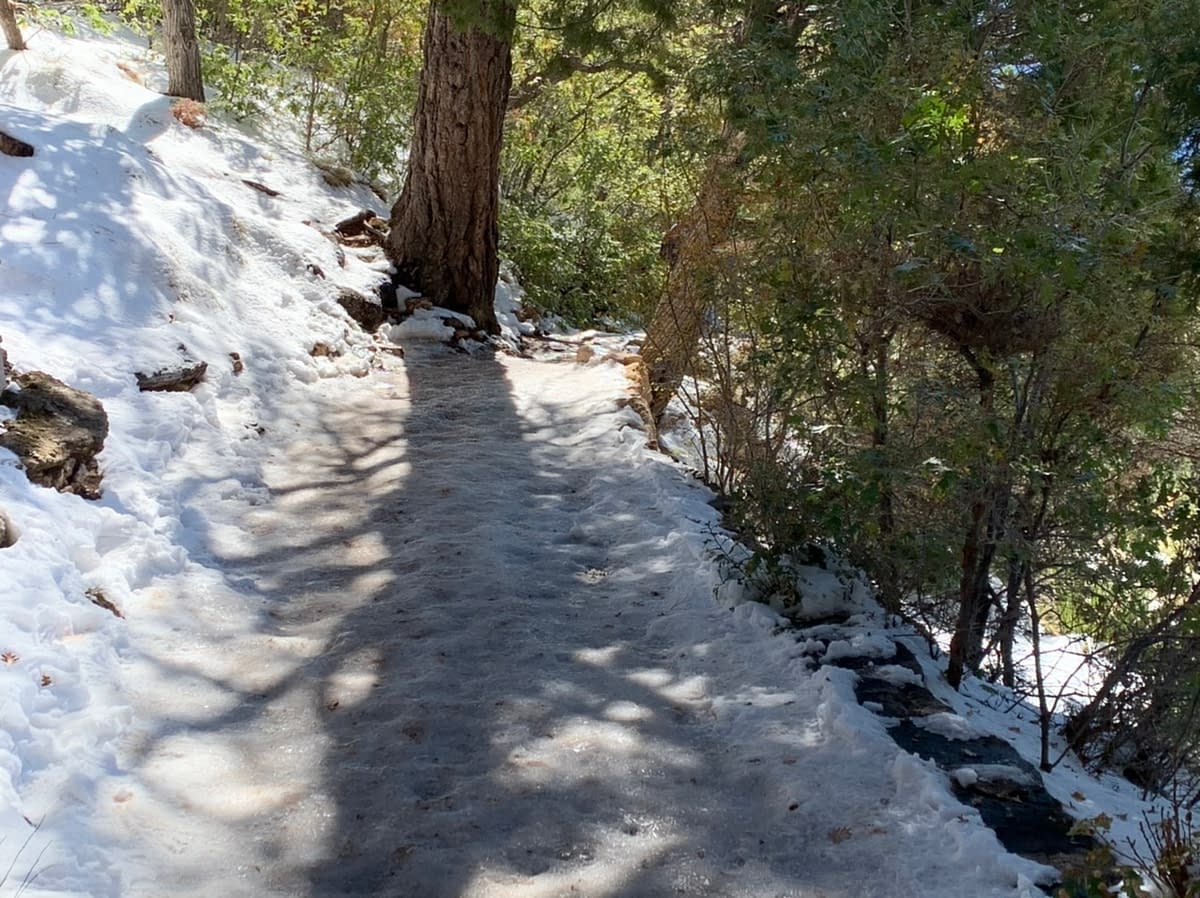 Snow and Ice cover the walkway to Bright Angel Point at the North Rim Grand Canyon