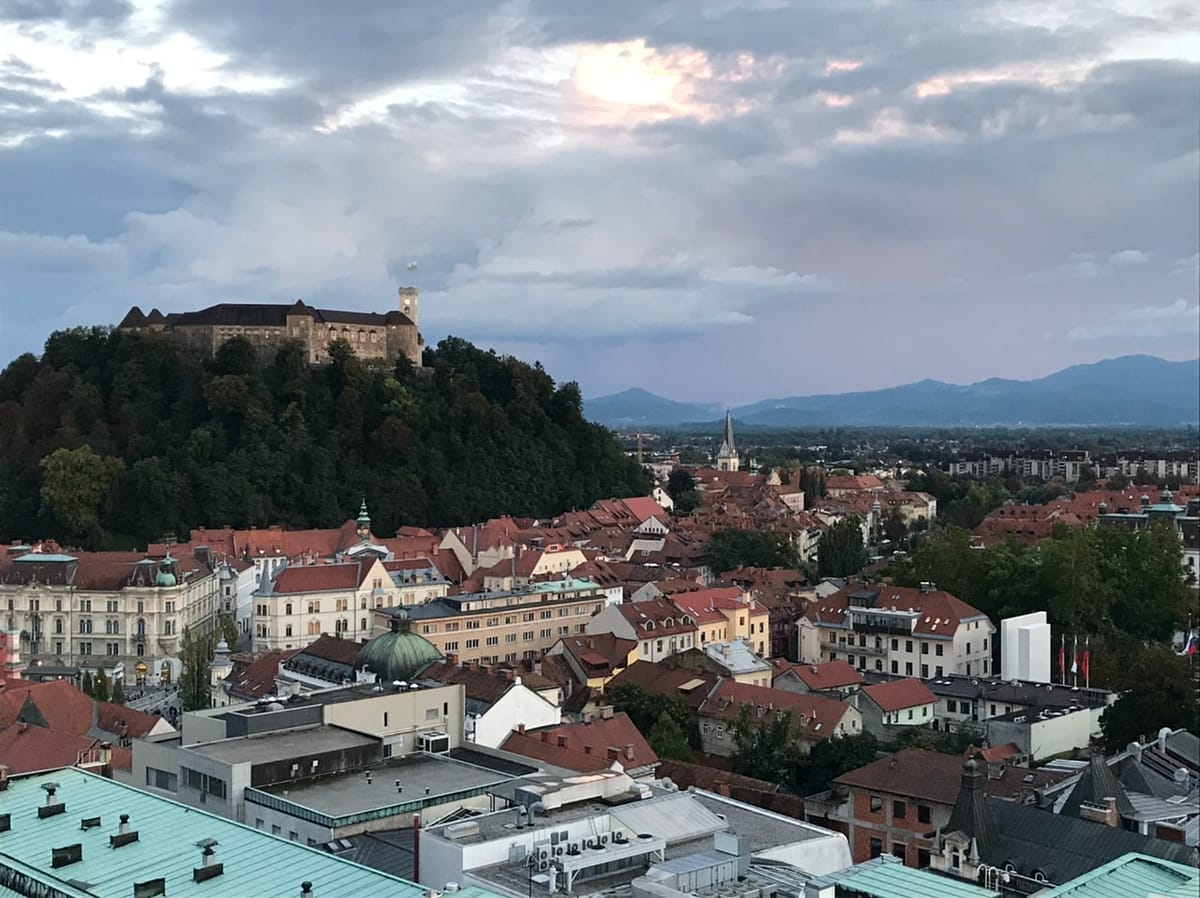 A view across old town Ljubljana Slovenia with the castle dominating the city