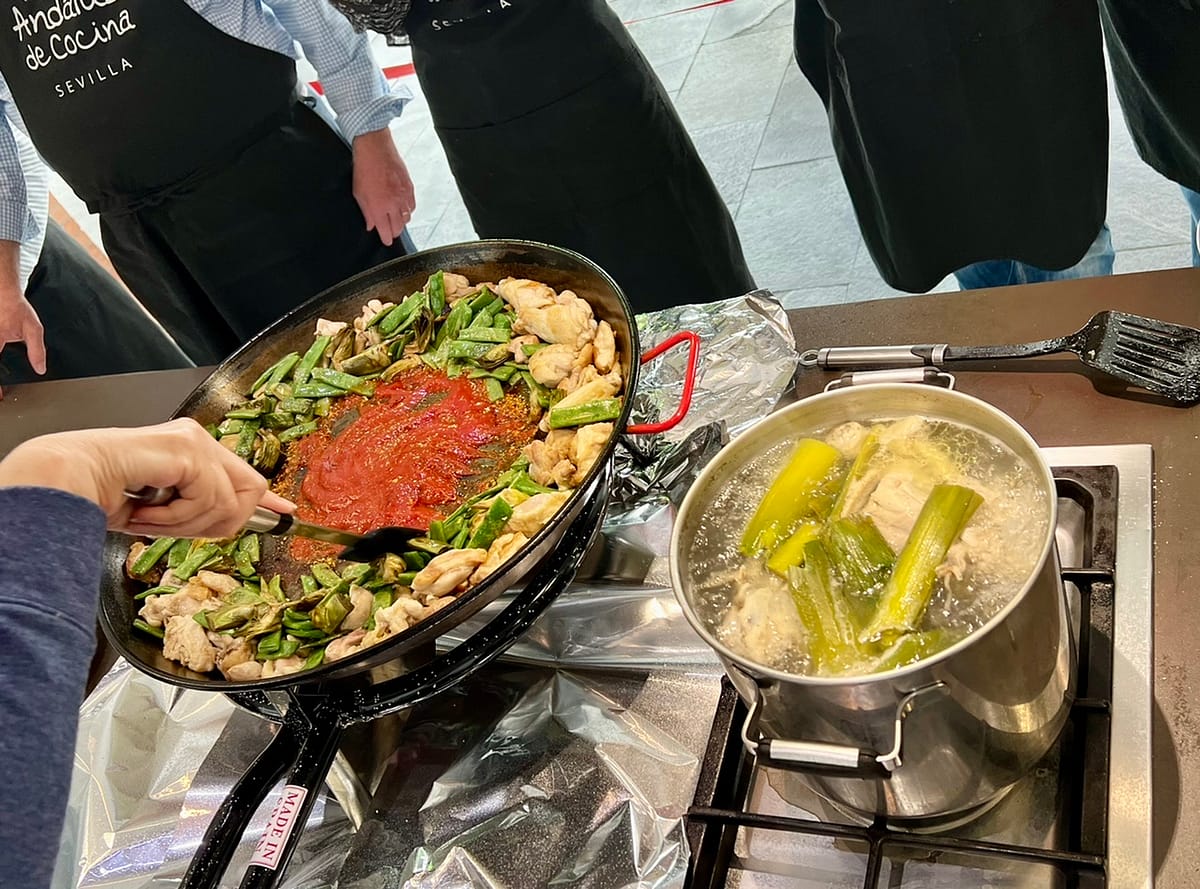 Making Paella at a cooking class in Seville