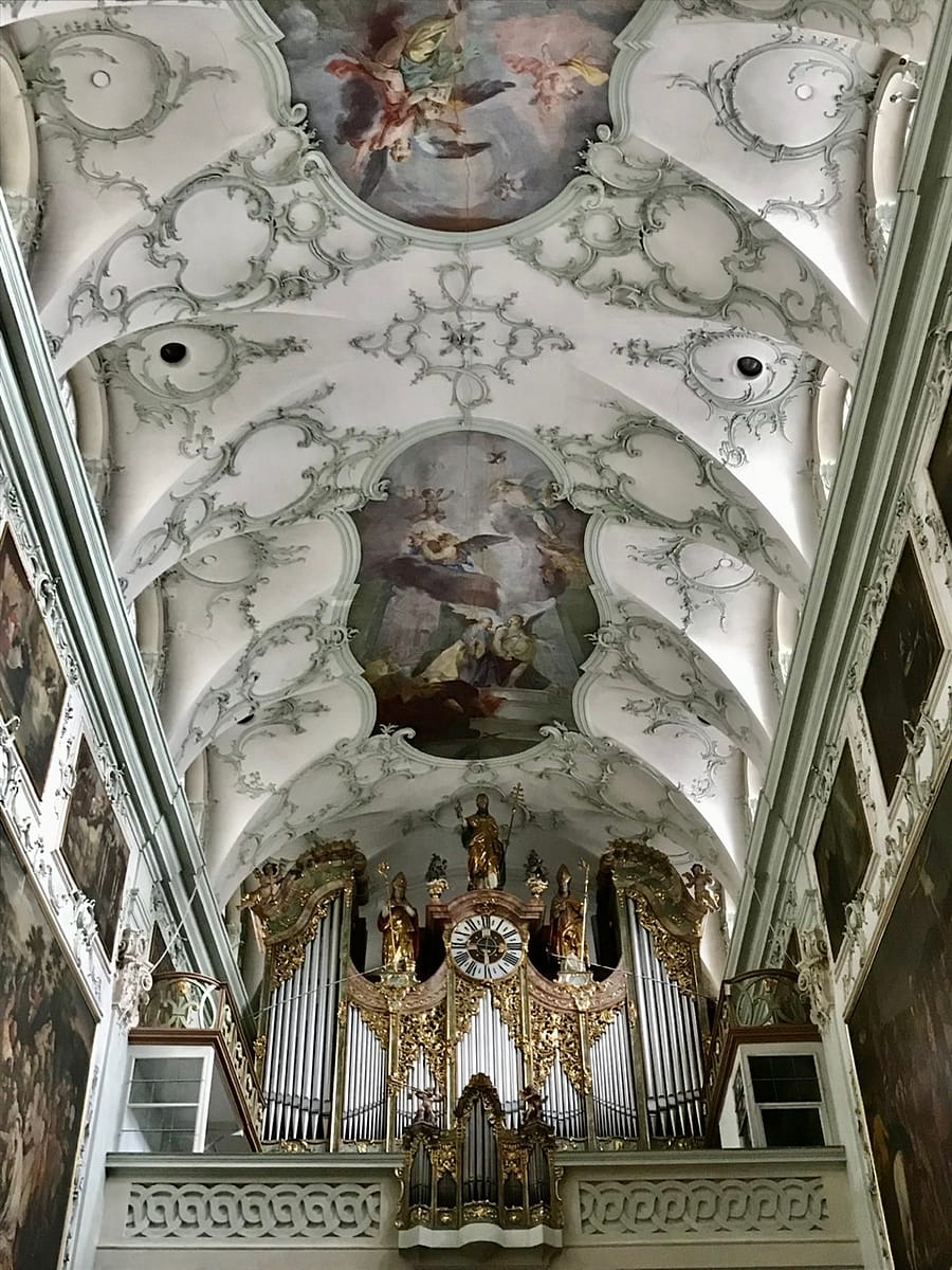 Looking up to the ceiling of the church at St. Peter's Abbey