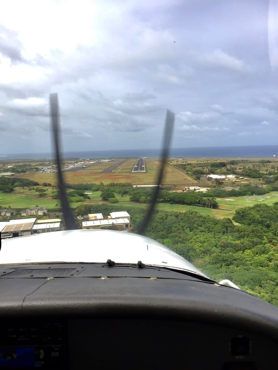 Approaching the runway at Lihue airport at the end of our air tour over Kauai