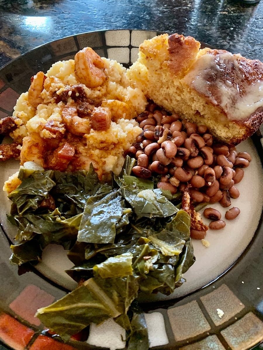 Shrimp and Grits, Collard Greens, Black-Eyed Peas, and Cornbread from the Sauce Boss Southern Kitchen in Draper Utah