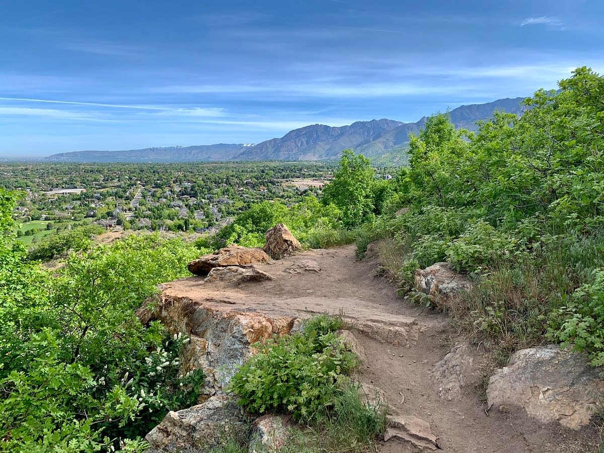 A view out across the Salt Lake Valley from the Bonneville Shoreline Trail while hiking to the Bear Canyon Suspension Bridge