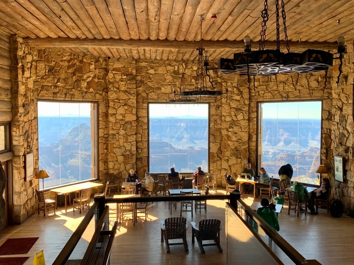 View of the North Rim Grand  Canyon through the large picture windows at the Lodge
