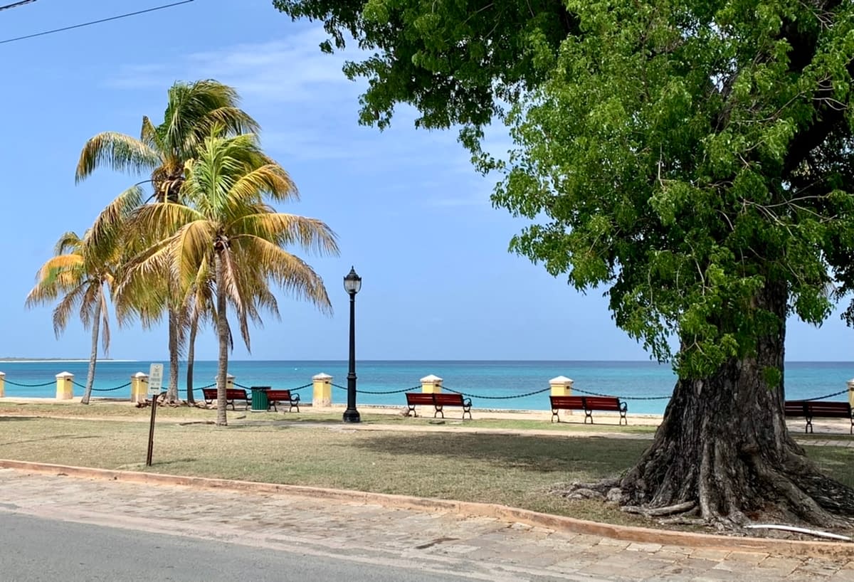 The view across Strand Street and out to the Caribbean from our outdoor table at Rise Caribbean in Frederiksted