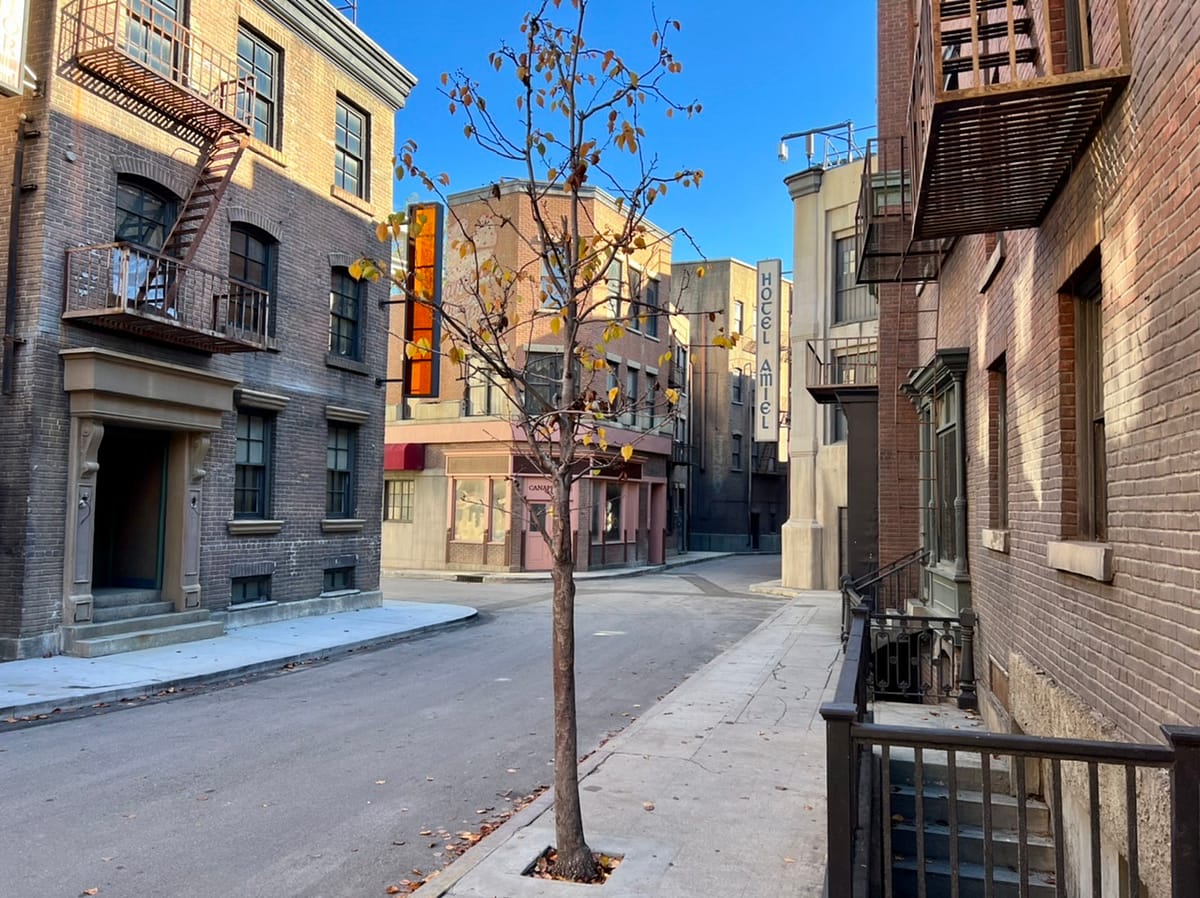 An empty city street on the Warner Bros Studio Back Lot 