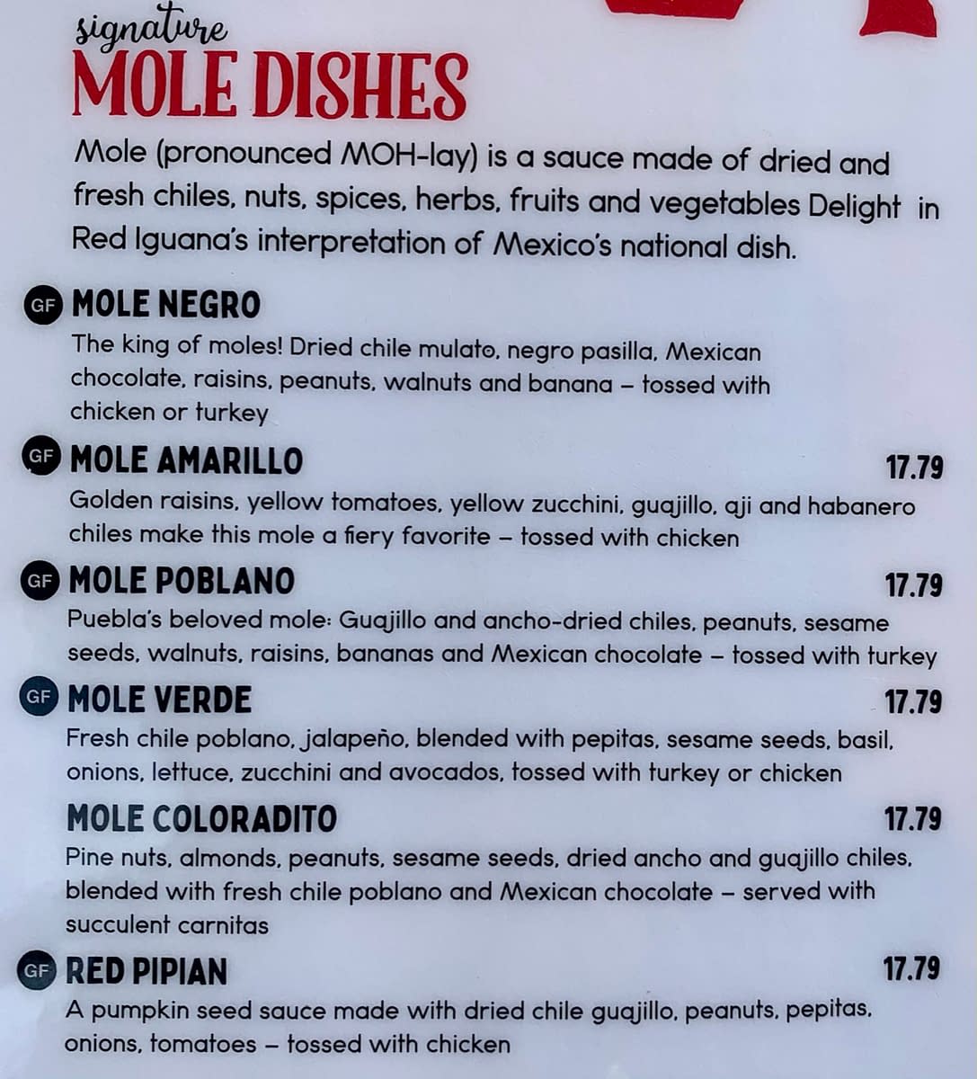 The mole menu at Red Iguana in Salt Lake City