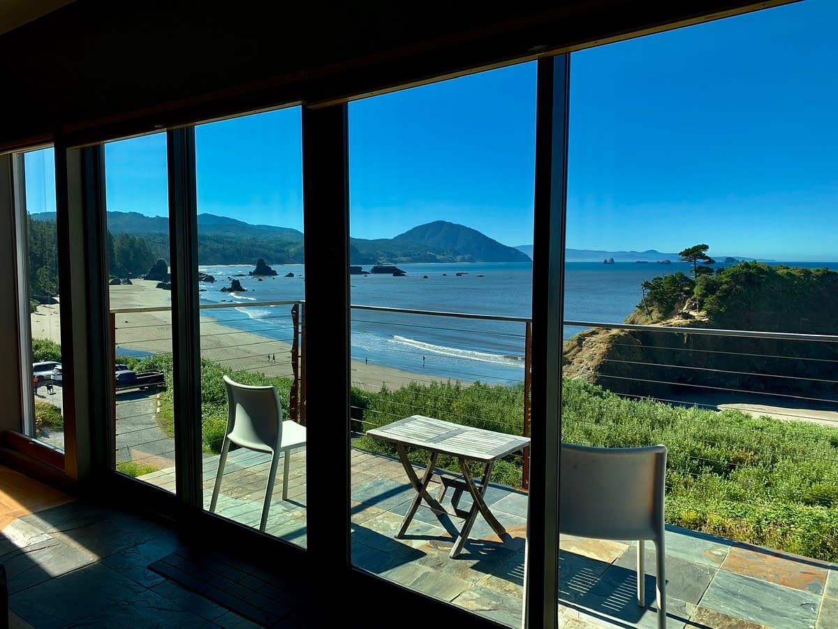 View across beach and ocean from AirBNB vacation rental in Port Orford Oregon