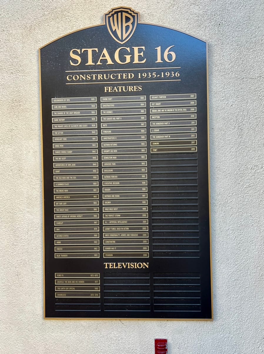 All the Features and TV series filmed at Warner Bros Stage 16 are listed on a plaque at the buildings entrance