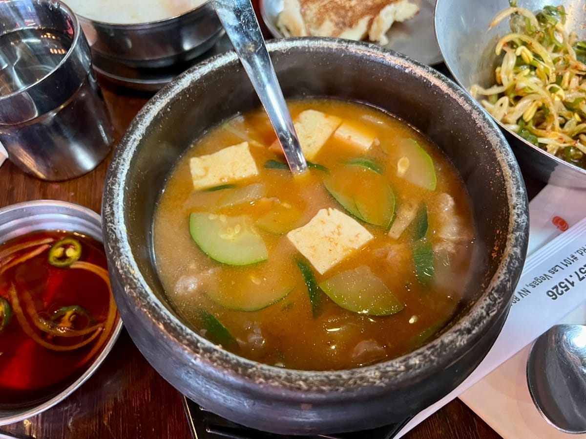 A bowl of spicy Korean soup at Hobak  in Las Vegas