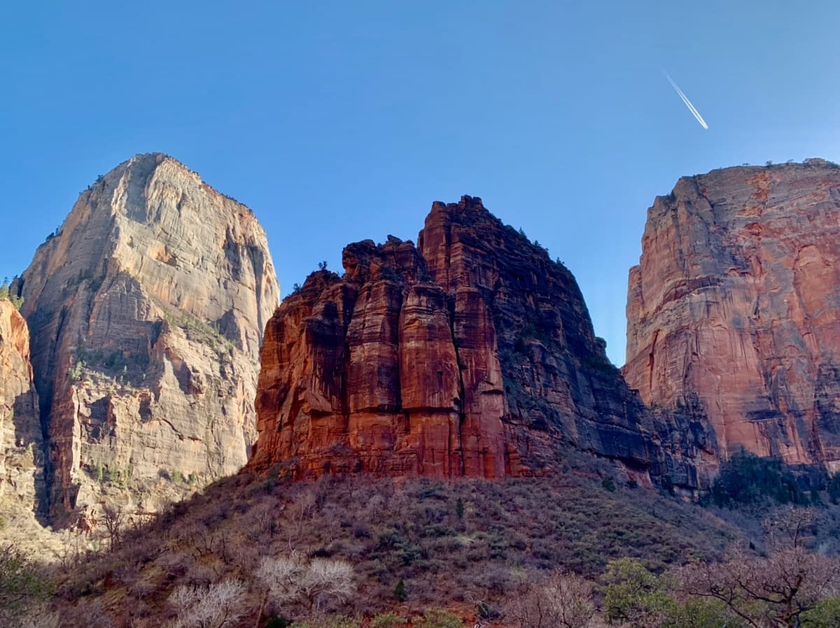 An upwards view of the Great White Throne and Angels Landing in Zion National Park
