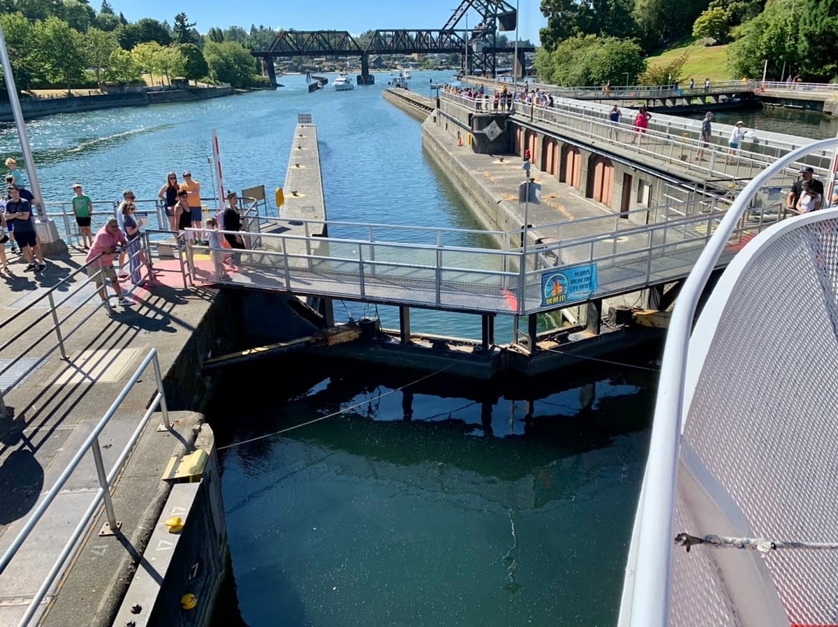 In position and ready to drop to the lower sea level while touring Ballard Locks with Argosy Cruises