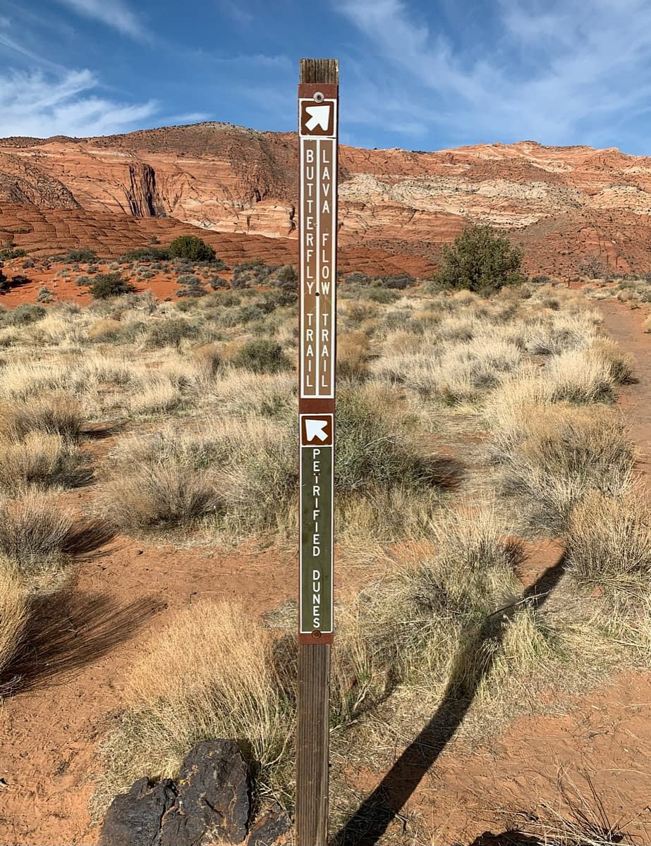 Trail marker for the Petrified Dunes, Buttefly, and Lava Flow Trails