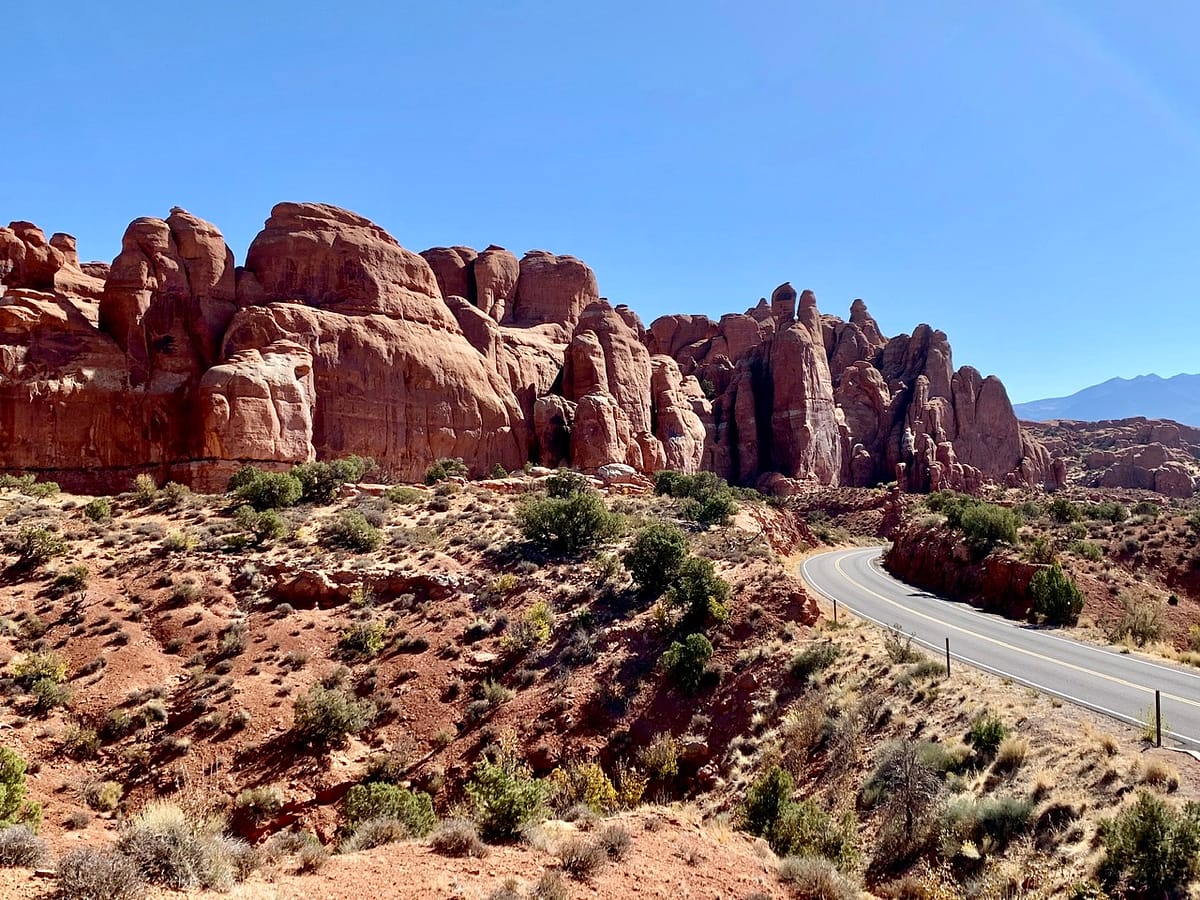 The Arches National Park Scenic Drive passing by the Fiery Furnace