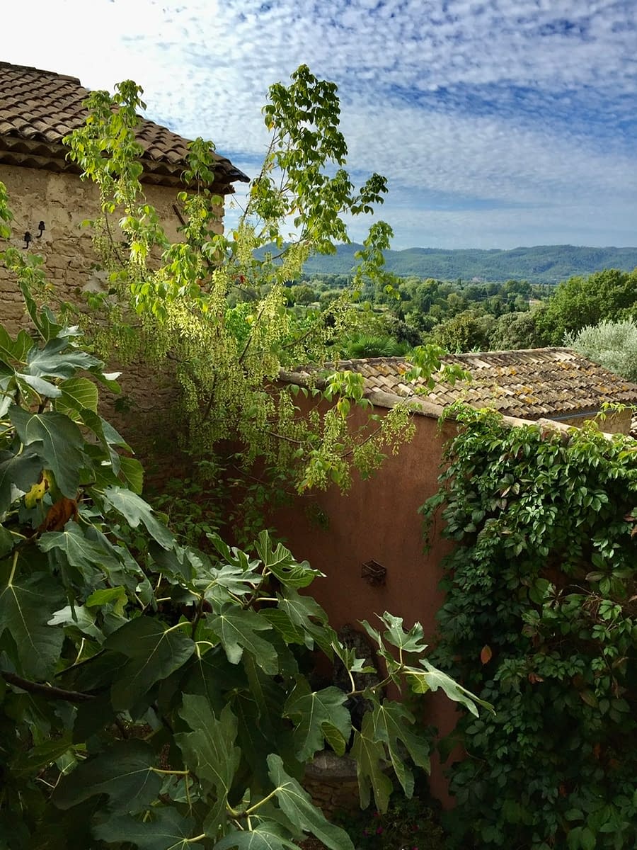 Looking out across countryside of the southern Luberon in Provence from Les Mas de Foncaudette