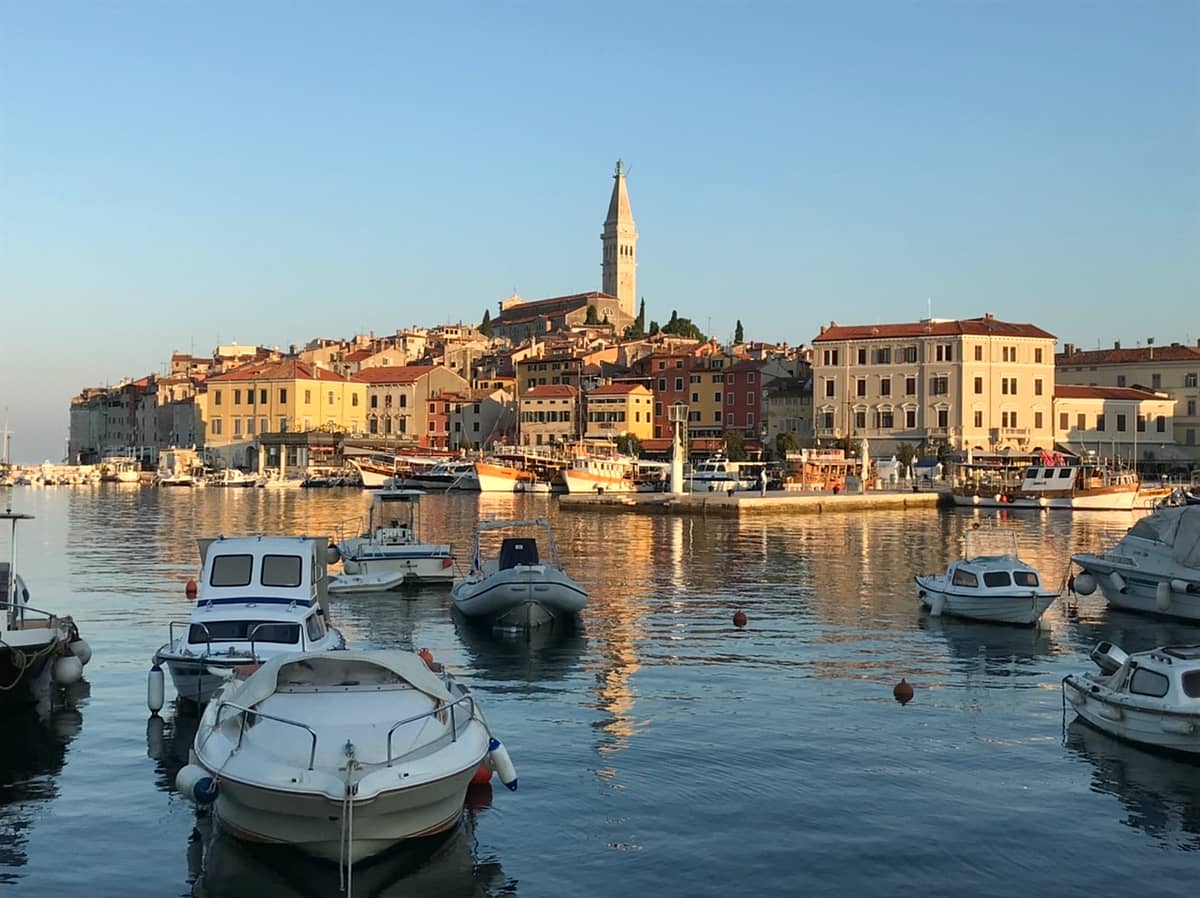 View across the harbor to central old town in Rovinj Croatia