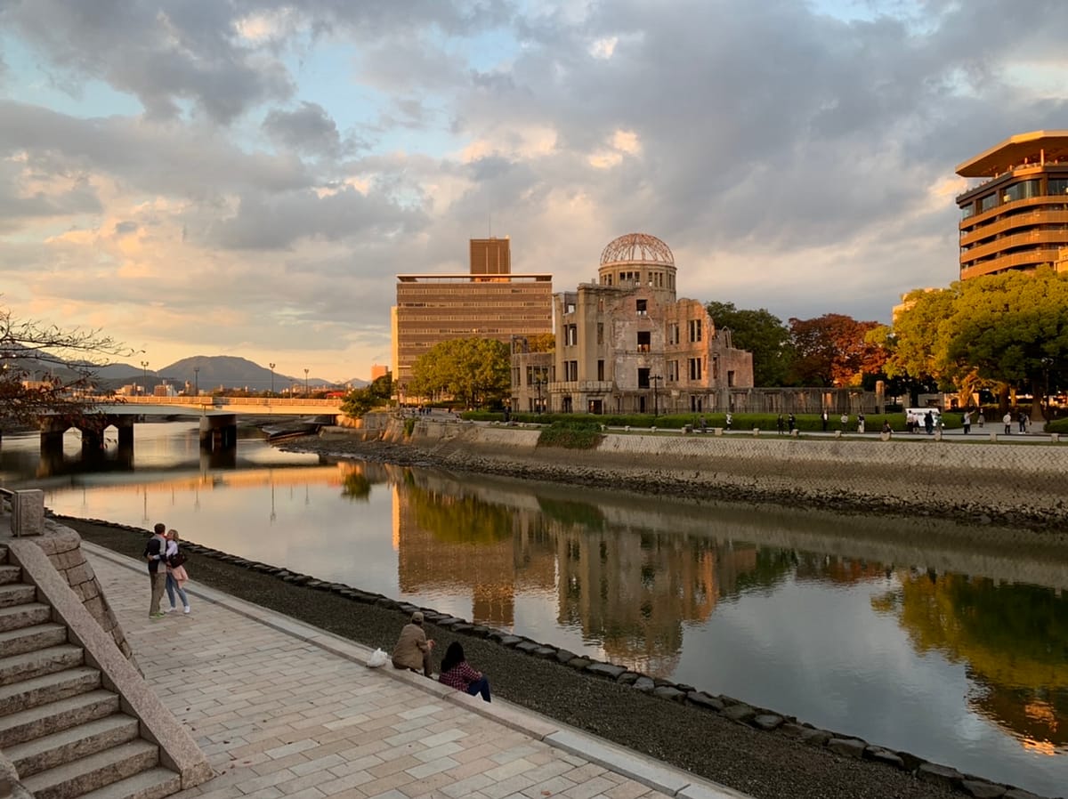 Peace Park and A-Bomb Dome along the river in Hiroshima Japan
