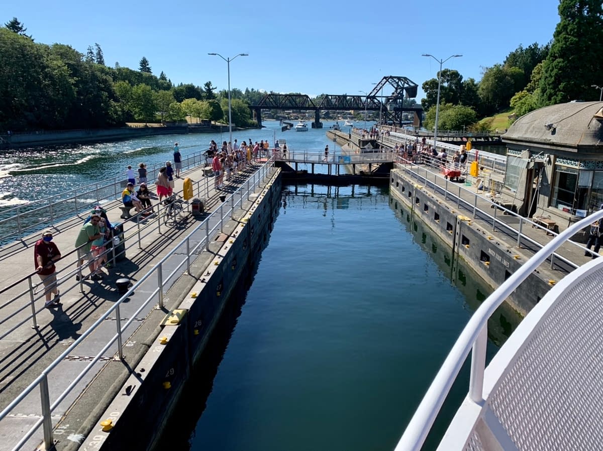 Entering the small Lock while touring the Ballard Locks by boat