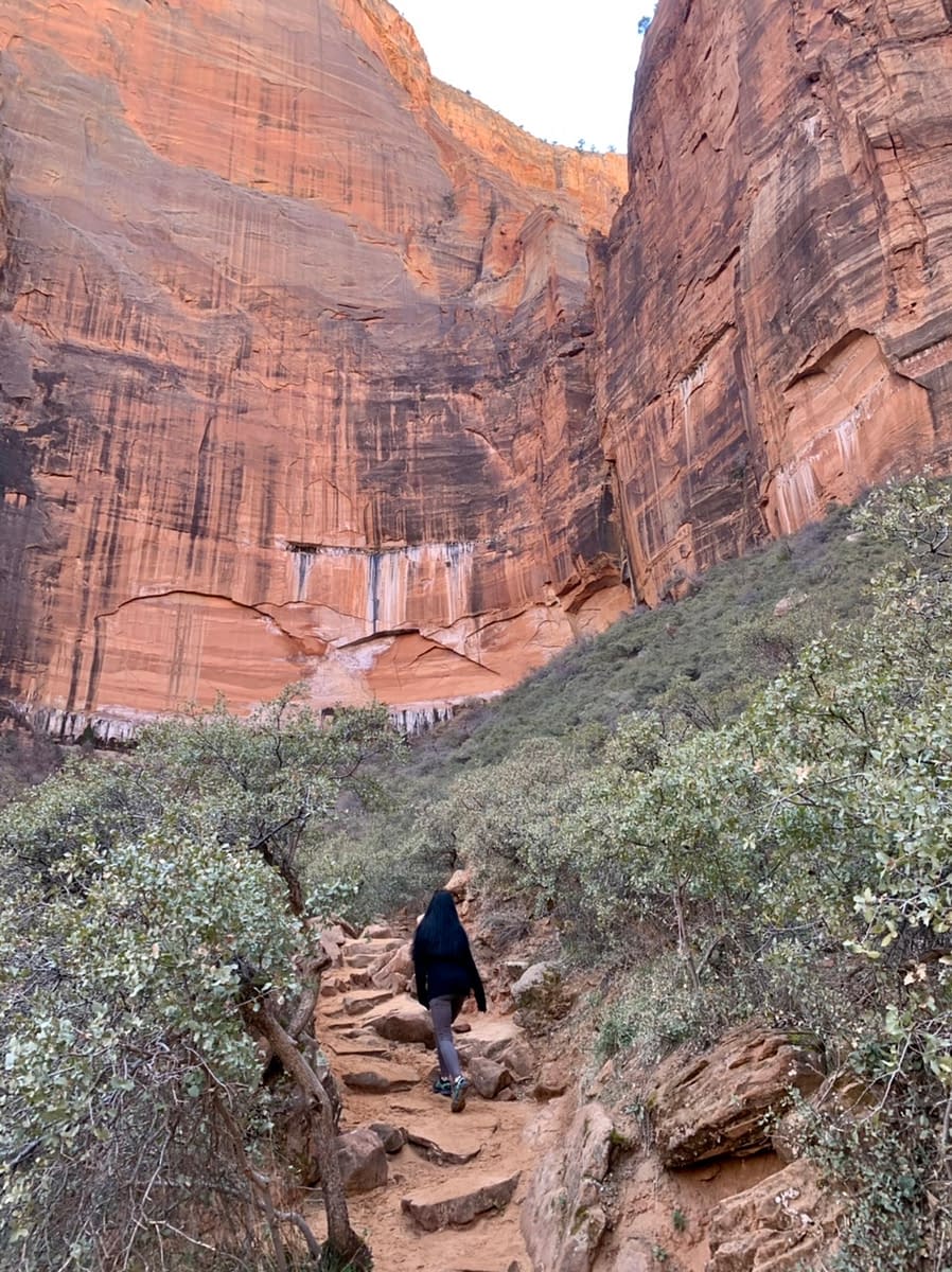 Hiking from Zion's Middle Emerald Pool to the Upper Emerald Pool surrounded by tall sandstone walls