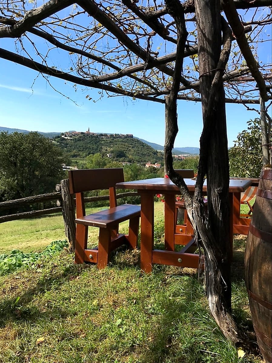 The outdoor dining area at Prodan Tartufi with the town of Buzet in the distance