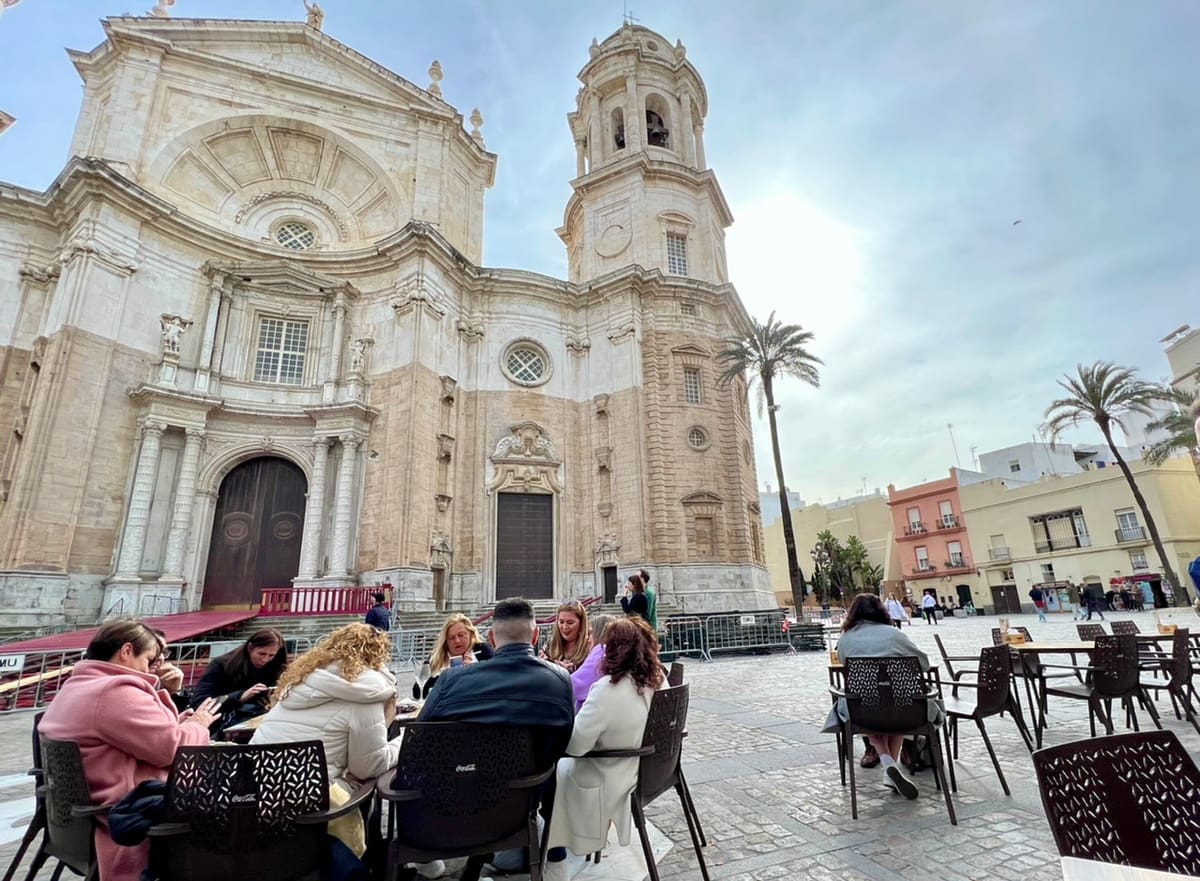 The square in front of the Cádiz Cathedral is a great place to rest while on a day trip from Seville