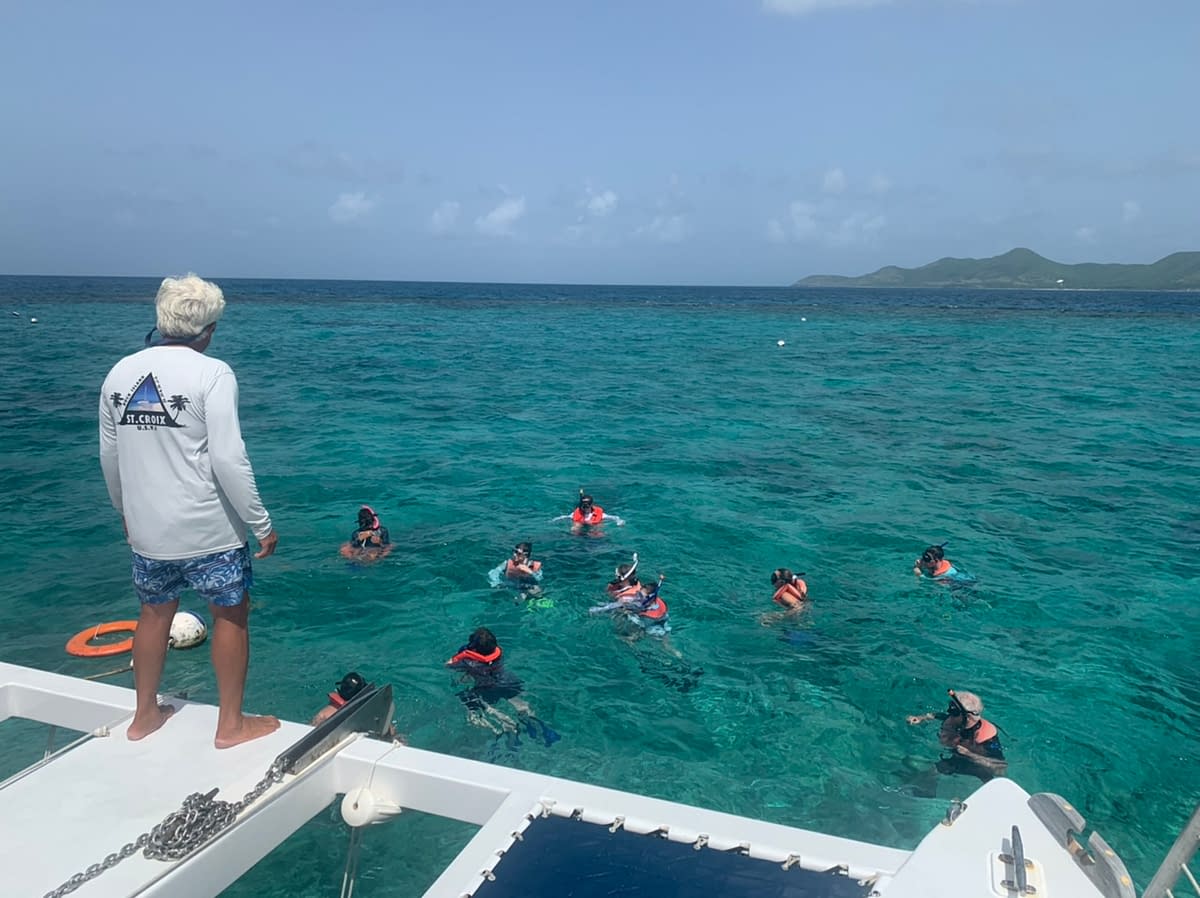 Snorkelers getting ready to swim over to the Buck Island Reef 