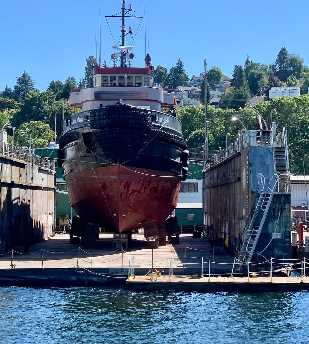 A boat in dry dock as seen while touring the Ballard Locks